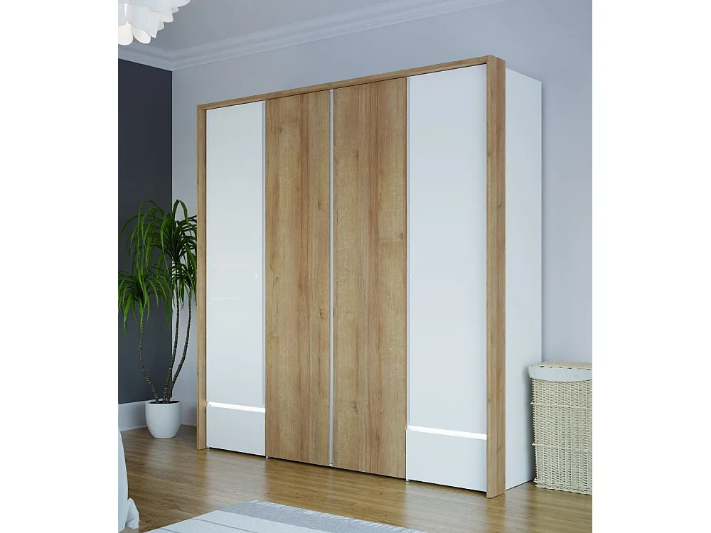 Armario de 213x205x58 cm con 4 puertas y y cajones de madera laminada en color blanco Leny