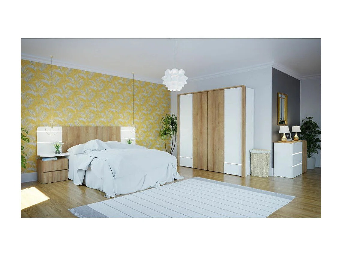 Armario de 213x205x58 cm con 4 puertas y y cajones de madera laminada en color blanco Leny