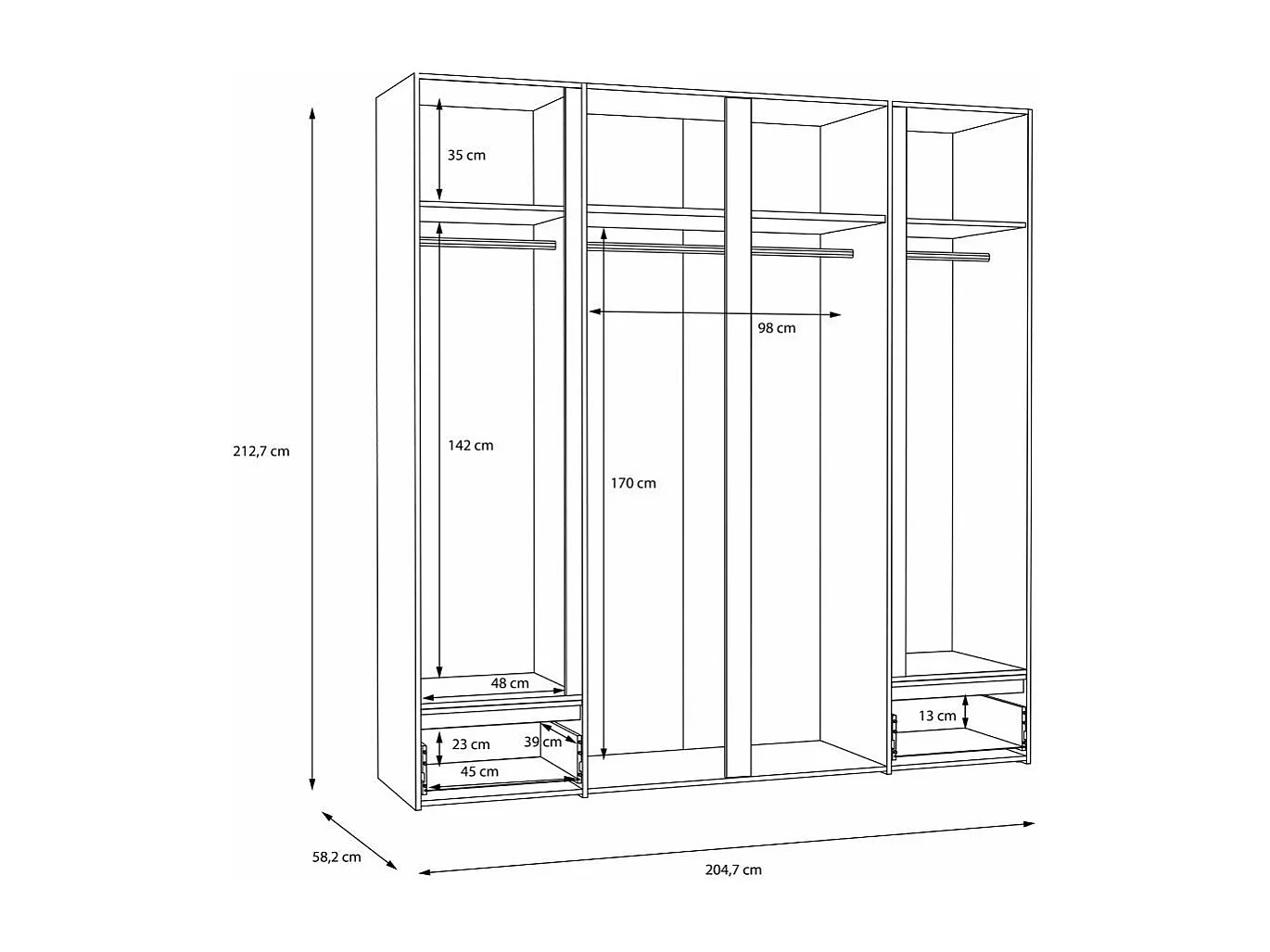 Armario de 213x205x58 cm con 4 puertas y y cajones de madera laminada en color blanco Leny