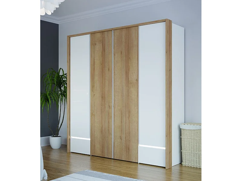 Armario de 213x205x58 cm con 4 puertas y y cajones de madera laminada en color blanco Leny