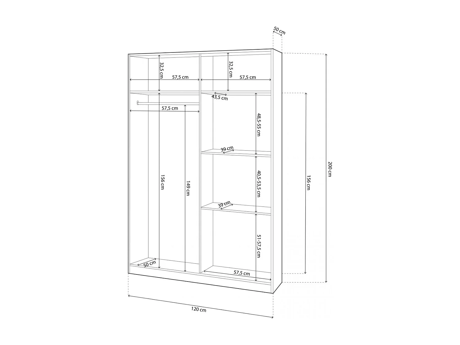 Armario juvenil de 200x120x50 cm con puertas correderas y guías metálicas en blanco India