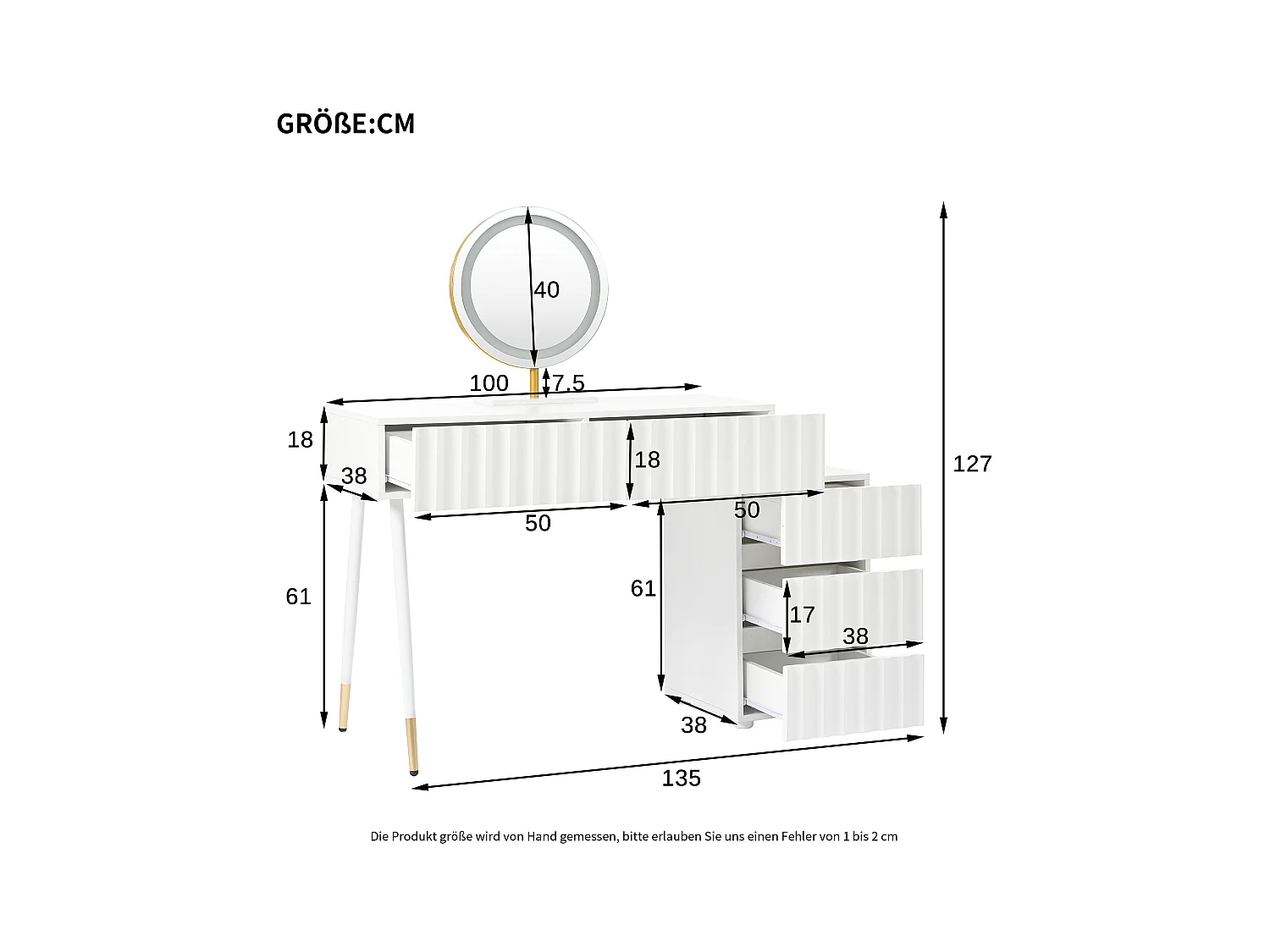 Kaptafel met LED-verlichting 100×40×127 cm - met 5 laden - wit