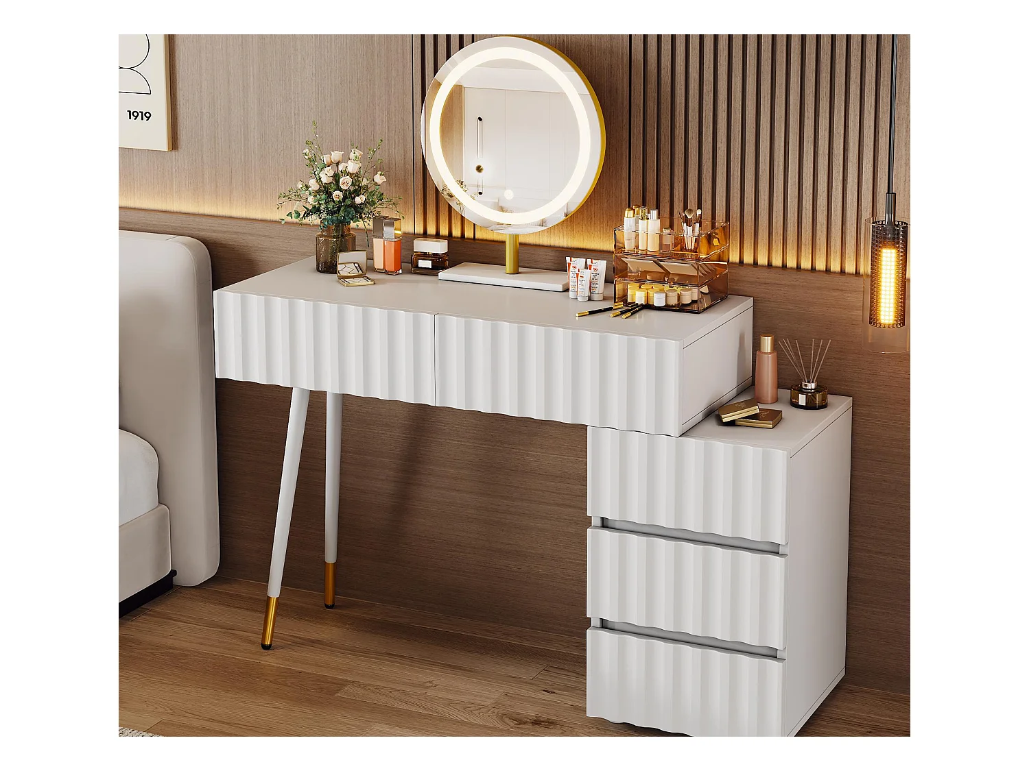 Coiffeuse avec éclairage LED 100x40x127 cm - avec 5 tiroirs - blanc