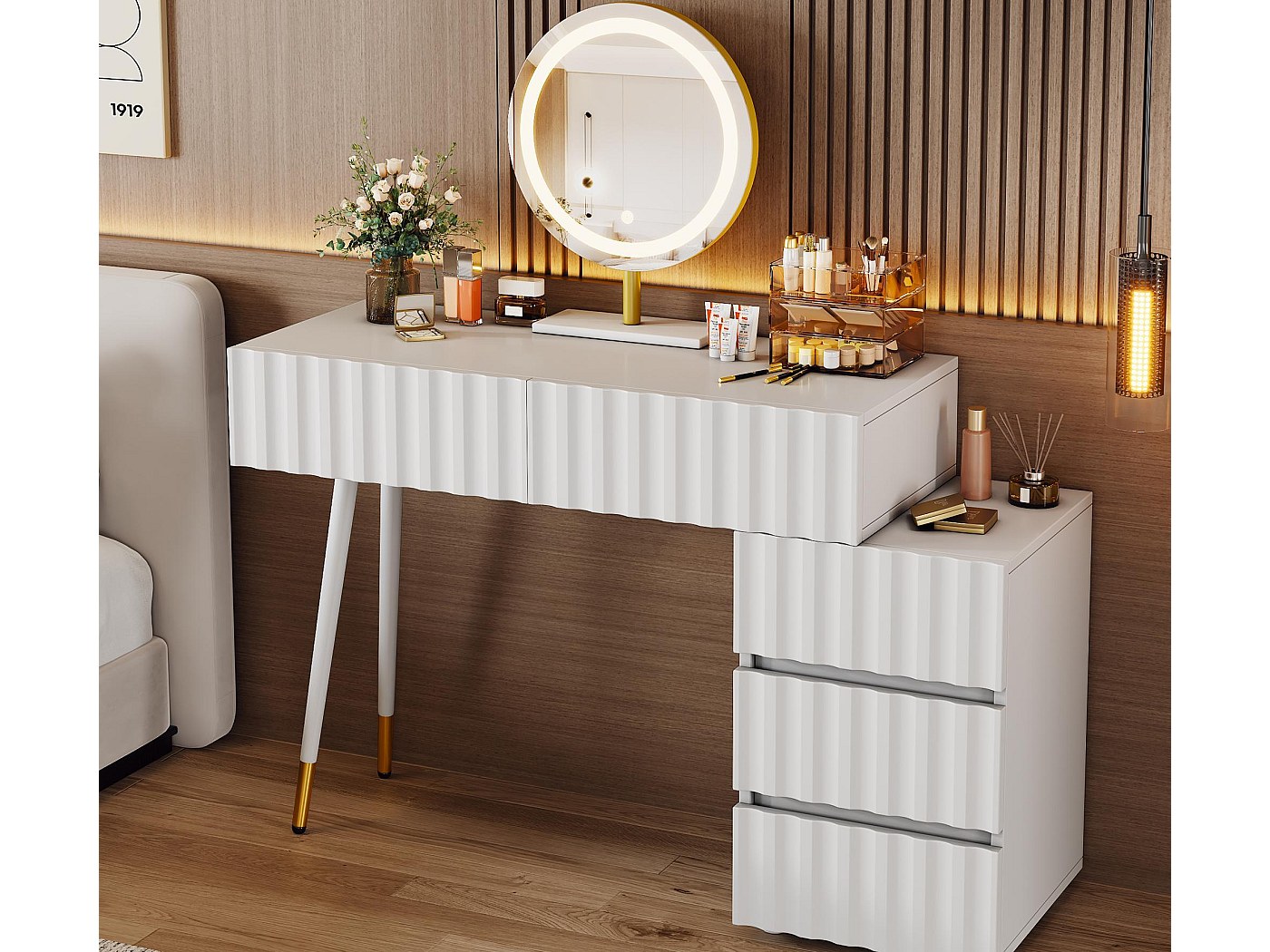 Coiffeuse Avec éclairage LED Intégré, Meuble Blanc En Bois, 90x40x140 Cm, Pour Chambre à Coucher