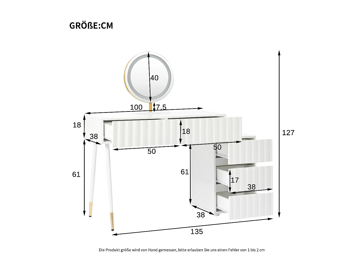 Schminktisch mit LED-Beleuchtung 100×40×127 cm - mit 5 Schubladen - weiß