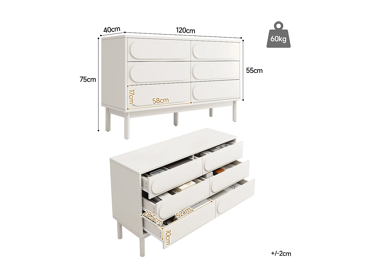 Nowoczesna kredens 120×40×75 cm - z 6 szufladami - MDF - biały