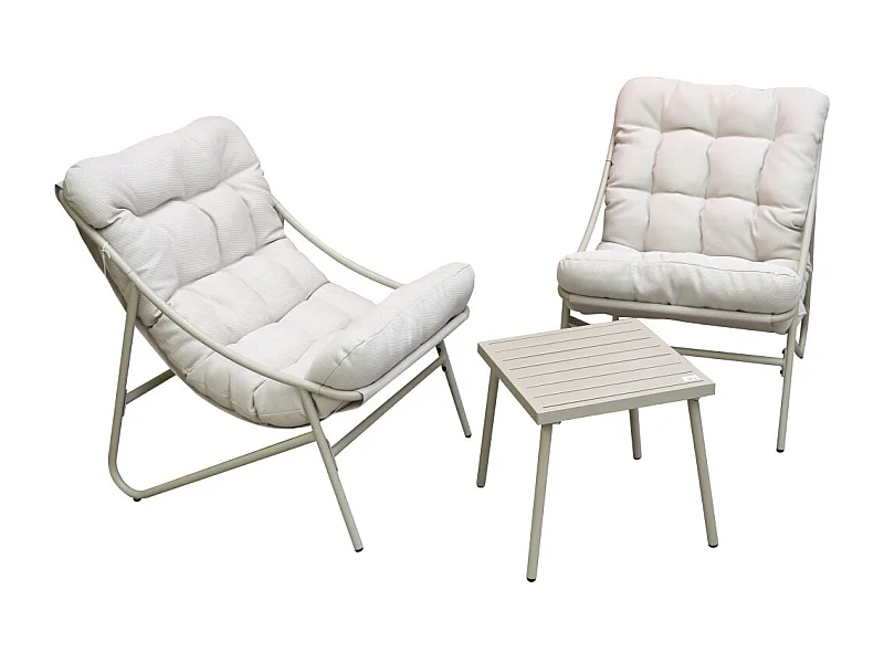 Conjunto de jardim 2 lugares – Bege com almofadas brancas – 2 poltronas + mesa de apoio