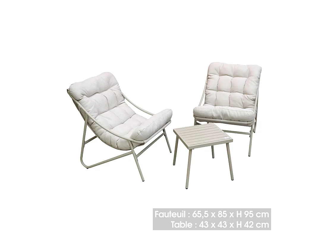 Conjunto de jardín para 2 personas – Beige con cojines blancos – 2 sillones + mesa auxiliar