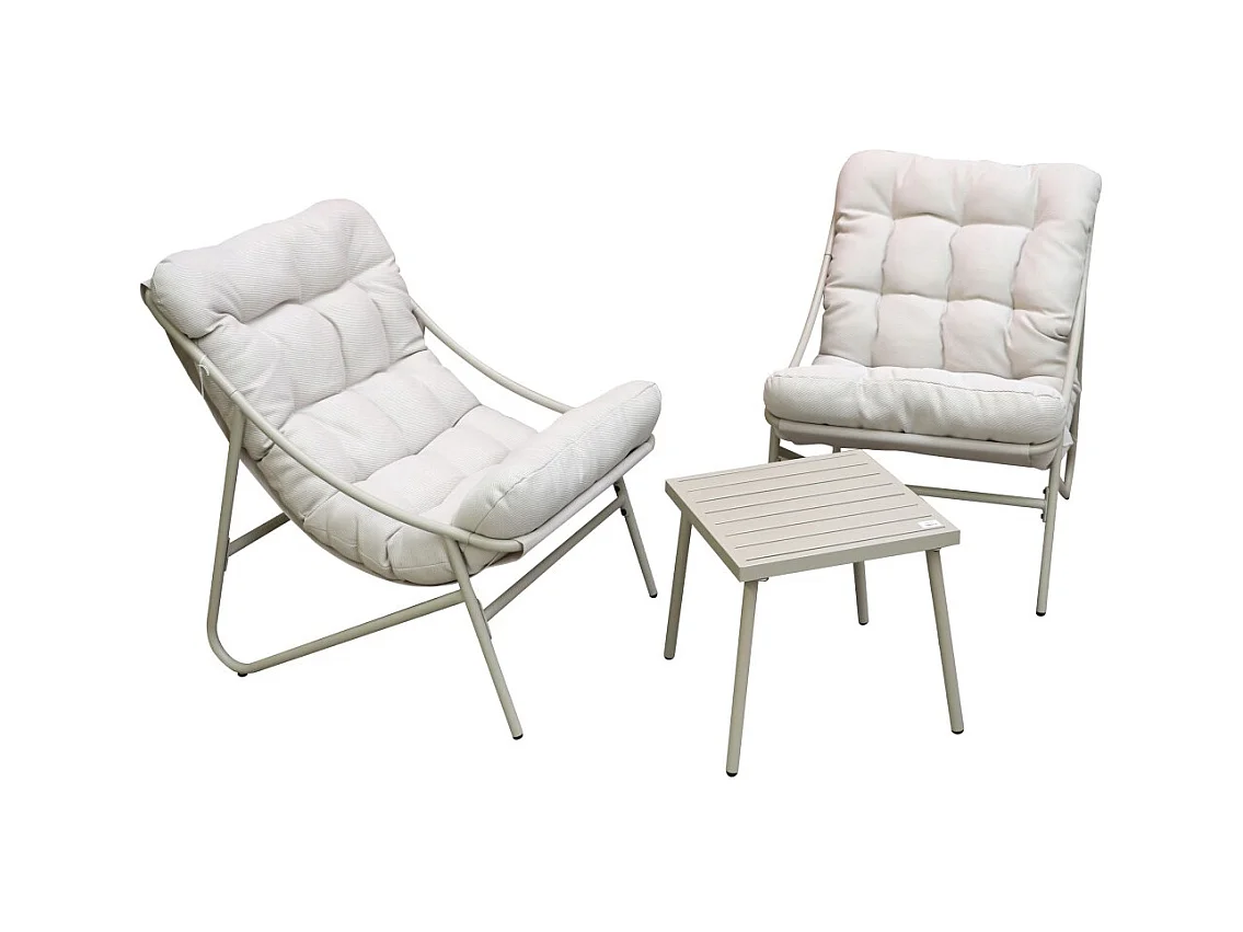Salon de jardin 2 places – Beige avec coussins blancs – 2 fauteuils + table d'appoint