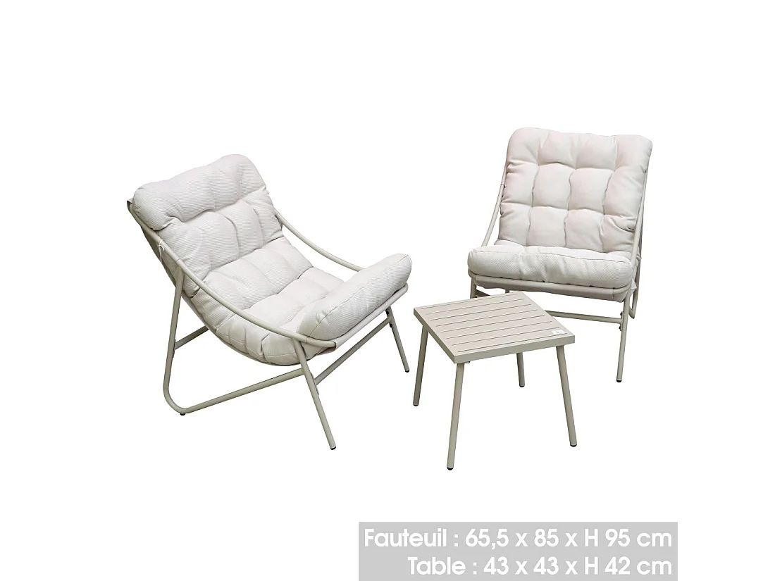 Tuinset 2 zitplaatsen – Beige met witte kussens – 2 fauteuils + bijzettafel