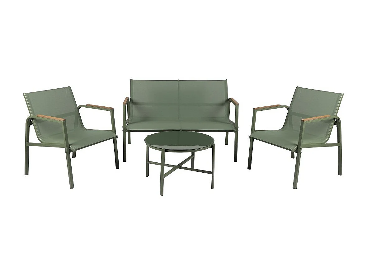Tuinset 4 zitplaatsen - Olijfgroen metaal en textileen - Glazen tafel - Elegantie en comfort