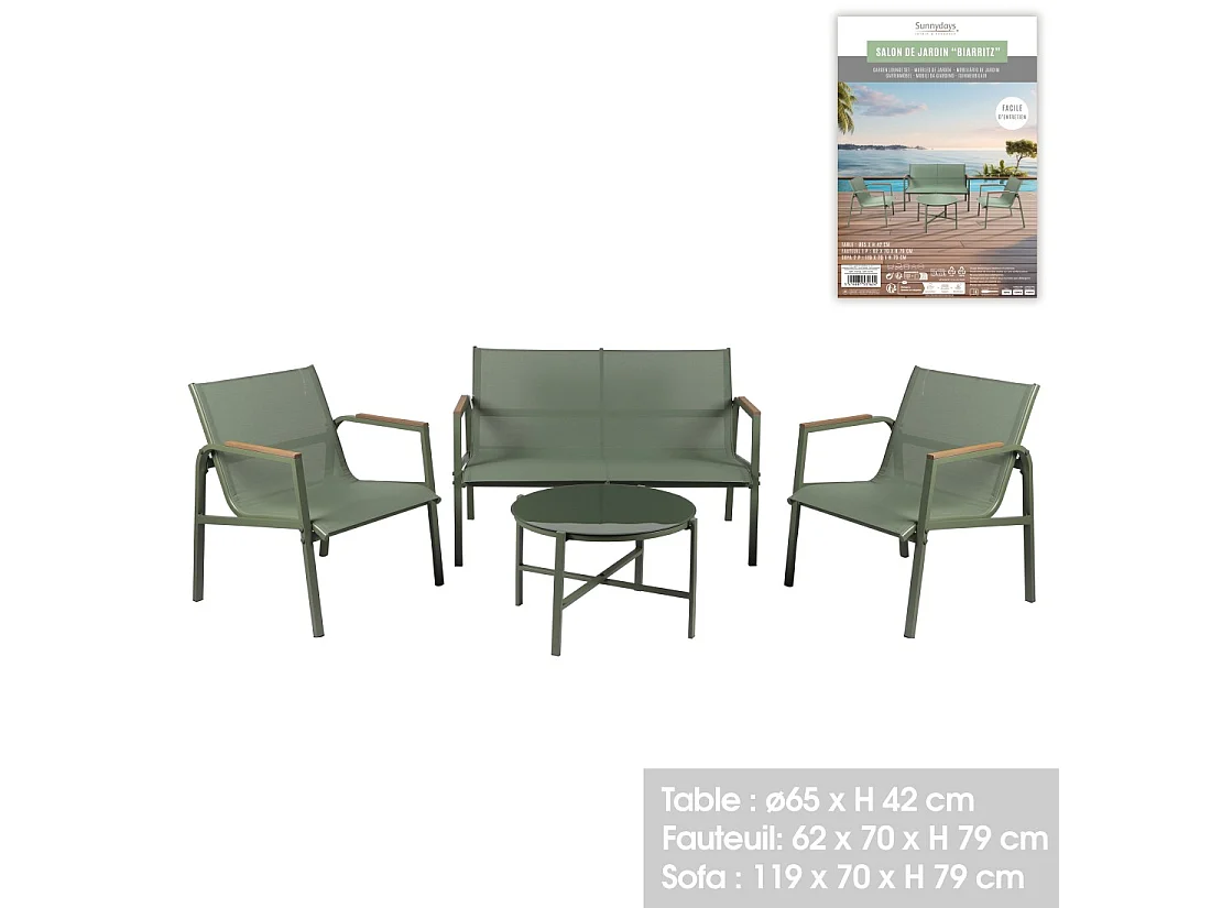 Tuinset 4 zitplaatsen - Olijfgroen metaal en textileen - Glazen tafel - Elegantie en comfort