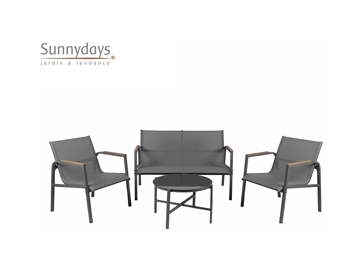 Salón de jardín 4 plazas – Metal gris antracita y textileno – Mesa de vidrio – Elegancia y confort