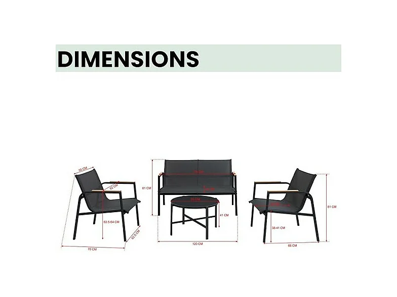 Salón de jardín 4 plazas – Metal gris antracita y textileno – Mesa de vidrio – Elegancia y confort