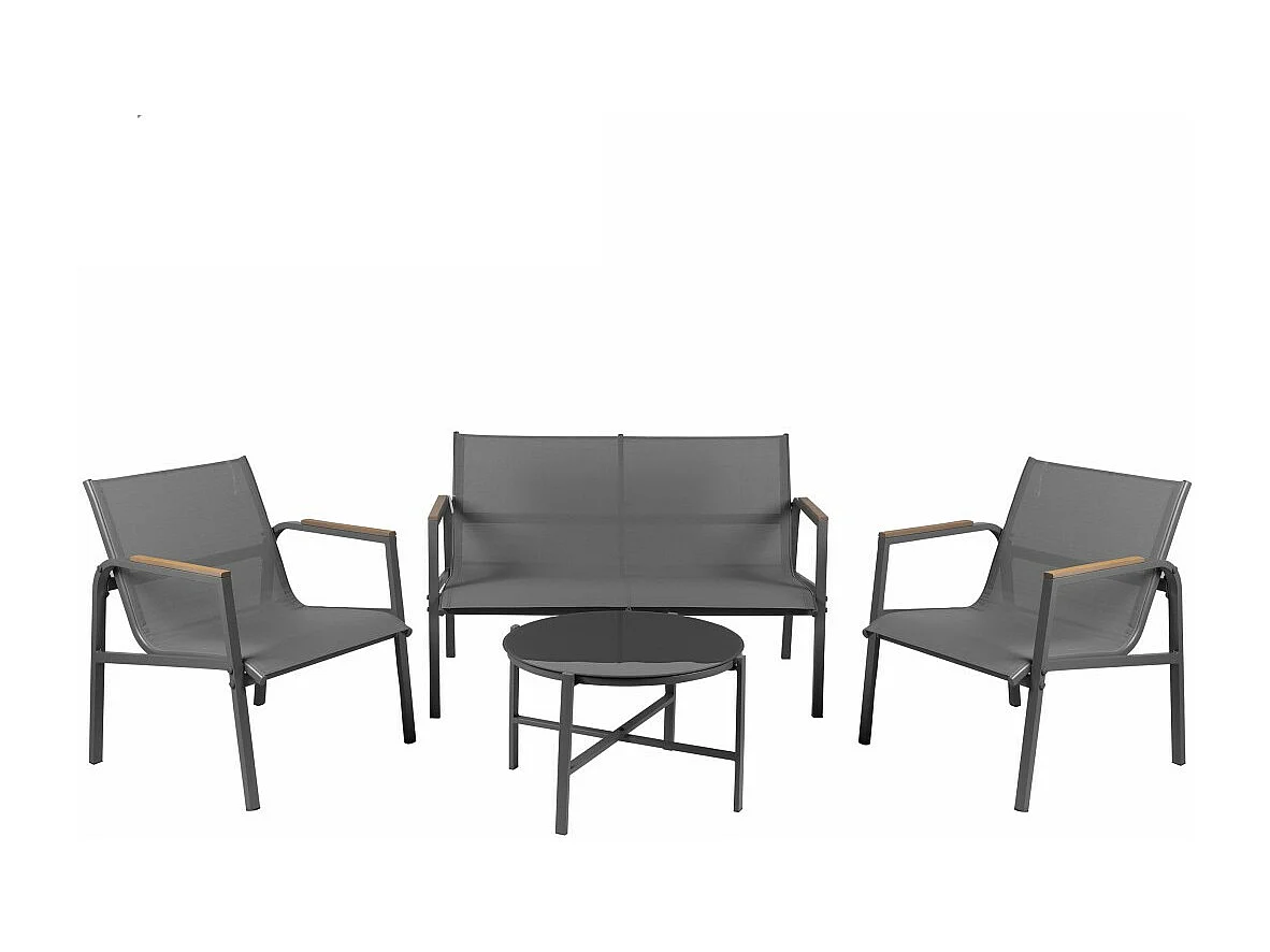 Salon de jardin 4 places – Métal gris anthracite et textilène – Table en verre – Élégance et confort