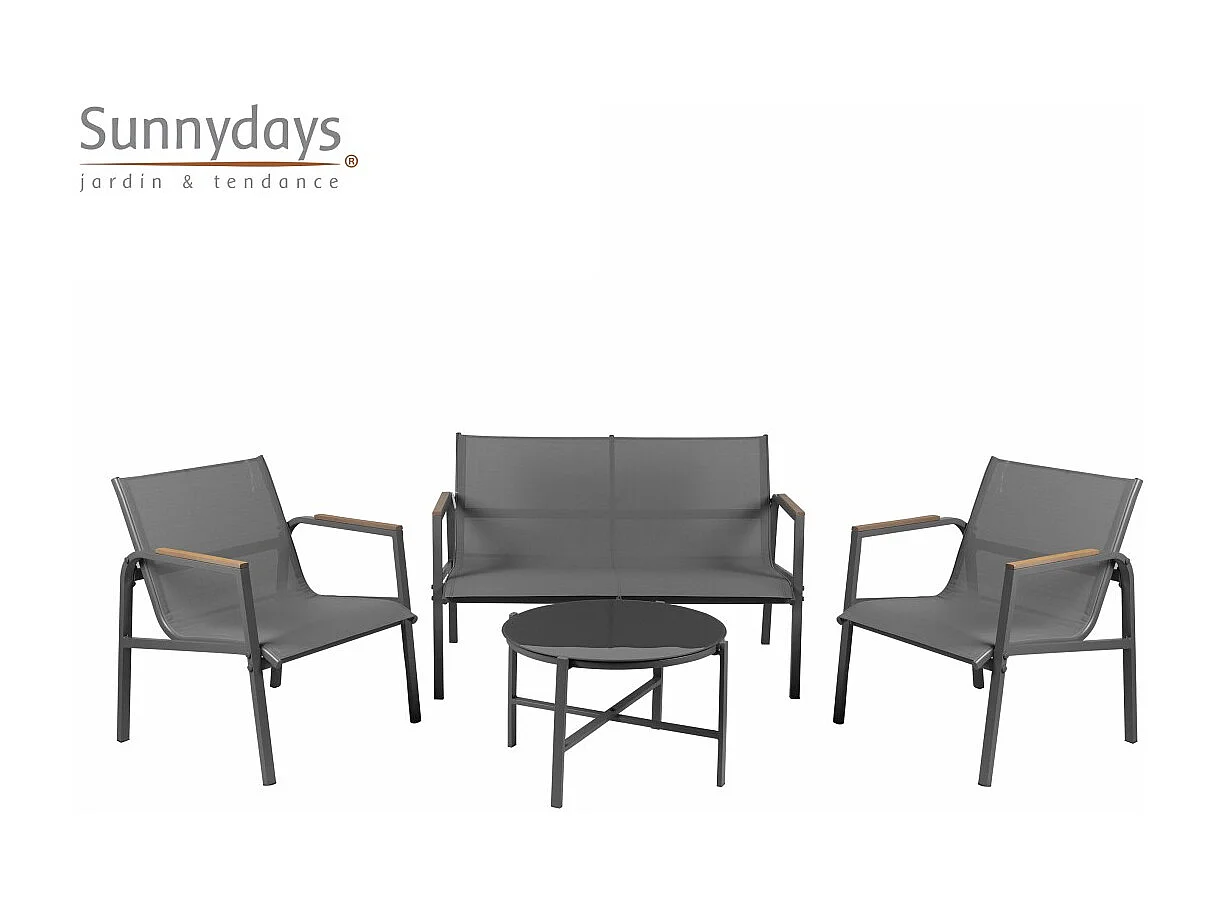 Salon de jardin 4 places – Métal gris anthracite et textilène – Table en verre – Élégance et confort