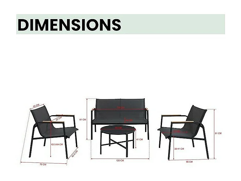 Salon de jardin 4 places – Métal gris anthracite et textilène – Table en verre – Élégance et confort