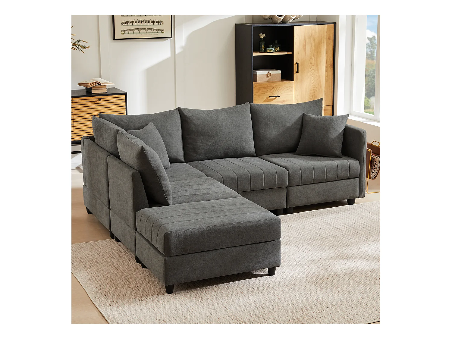 Sofá de esquina contemporáneo - 5 plazas - con reposapiés convertible - forma en L - gris