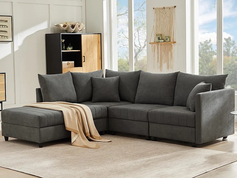 Canapé d'angle contemporain - 5 places - Avec repose-pieds convertible - Forme en L - Gris