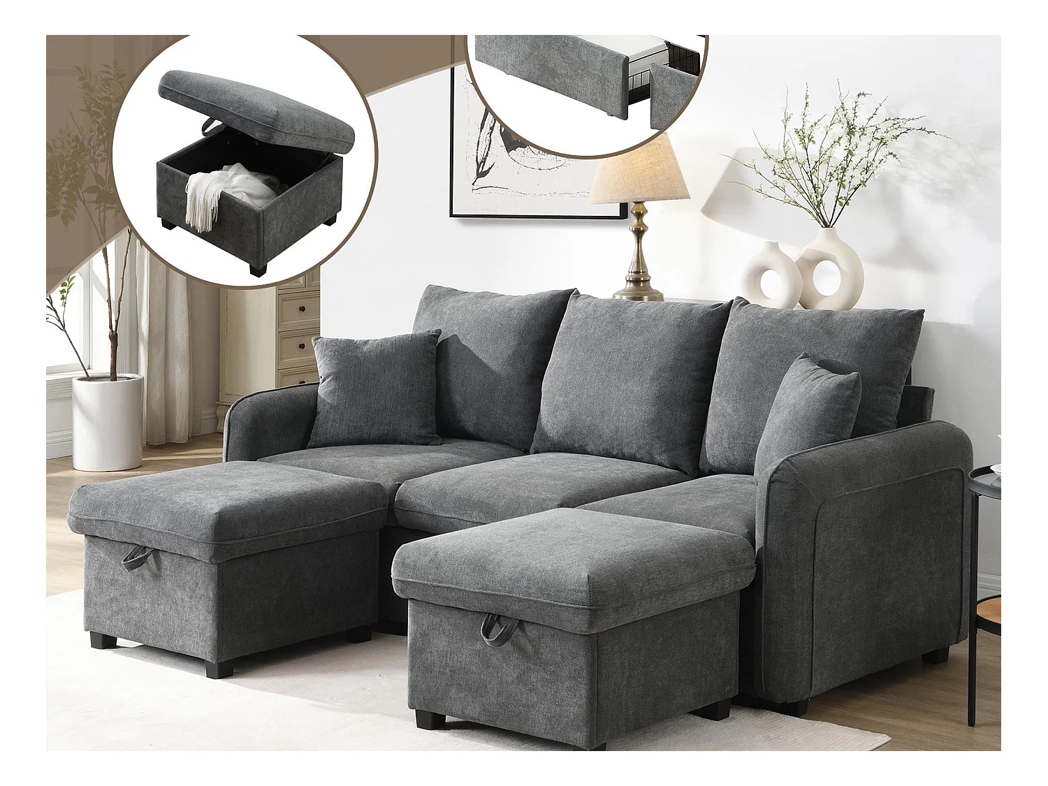 U-förmige multifunktionale Ecksofa - 3 Plätze - mit Aufbewahrungsfunktion - mit Schubladen - grau