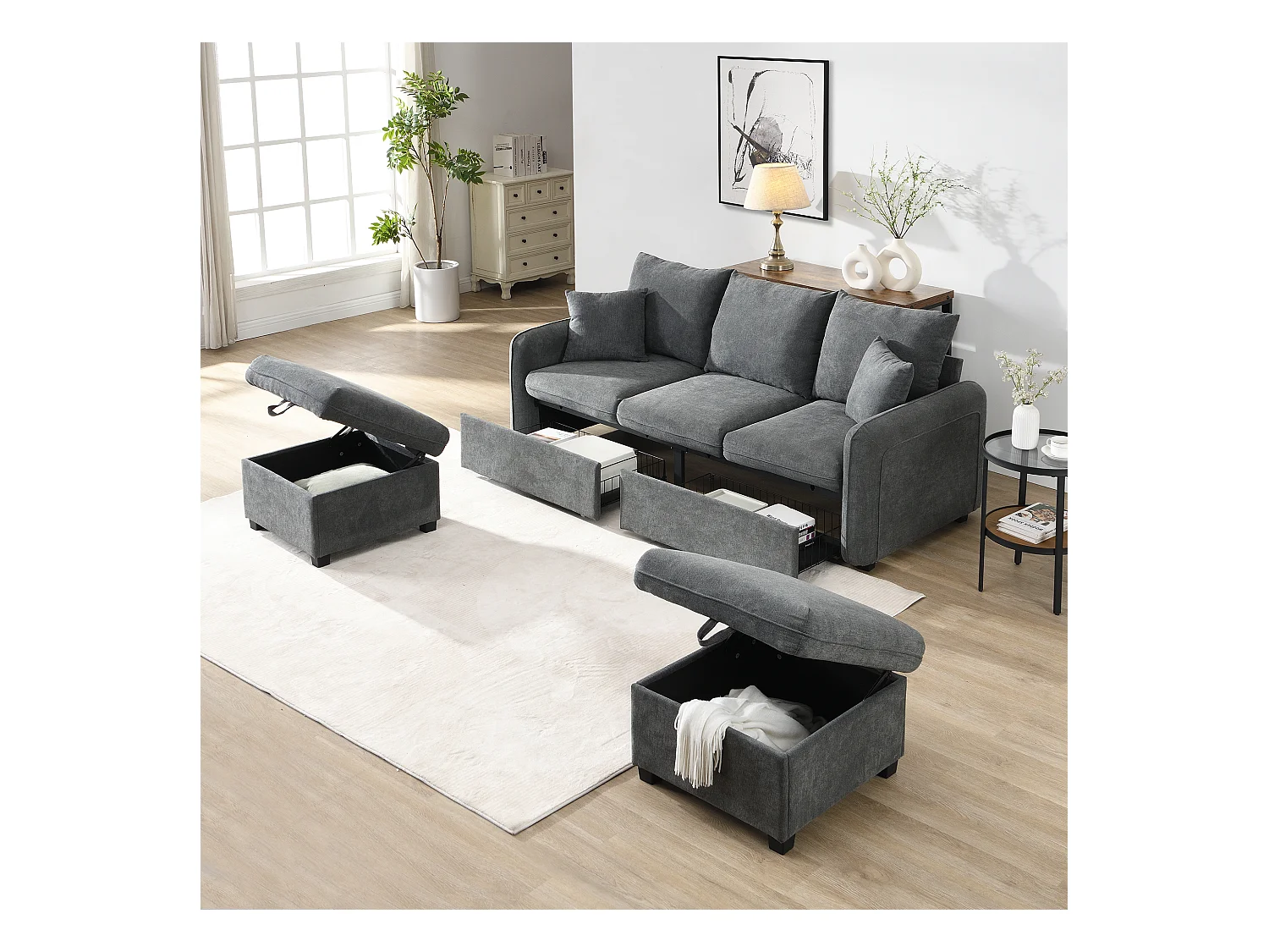 U-förmige multifunktionale Ecksofa - 3 Plätze - mit Aufbewahrungsfunktion - mit Schubladen - grau