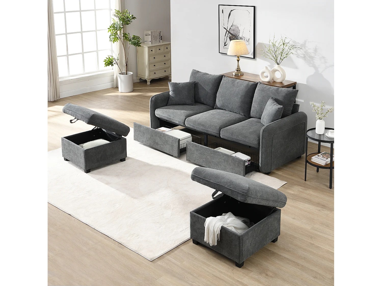 U-förmige multifunktionale Ecksofa - 3 Plätze - mit Aufbewahrungsfunktion - mit Schubladen - grau