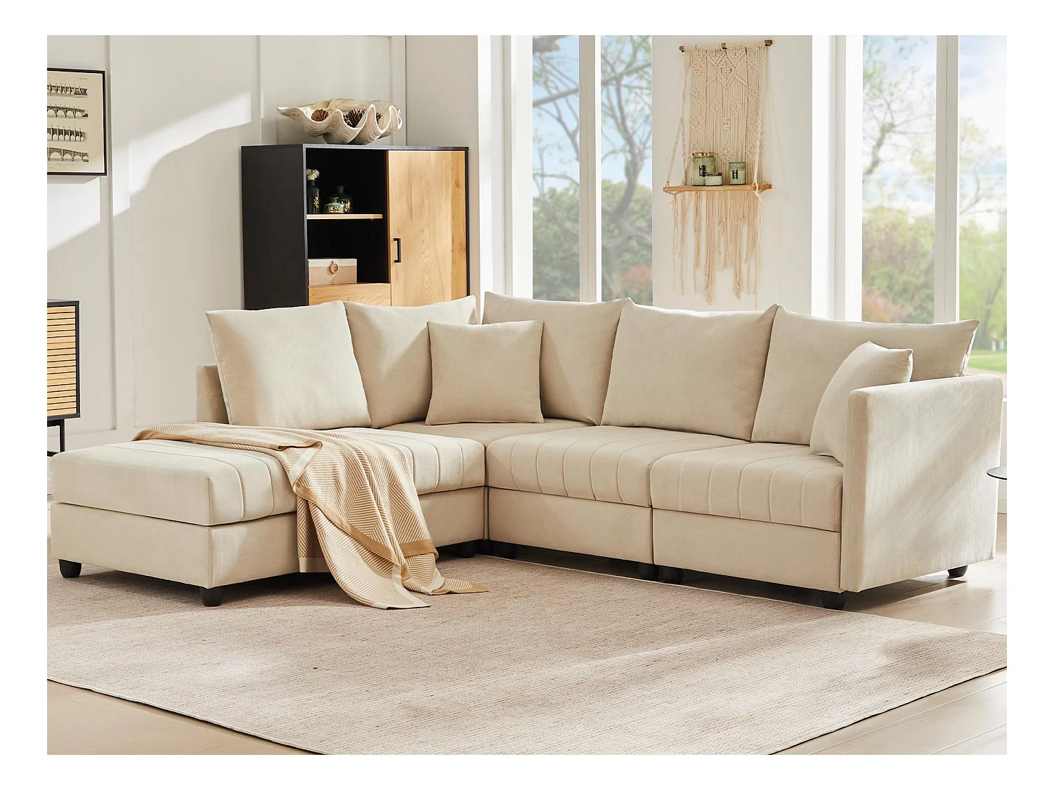 Sofá de esquina contemporáneo - 5 plazas - con reposapiés convertible - forma en L - beige
