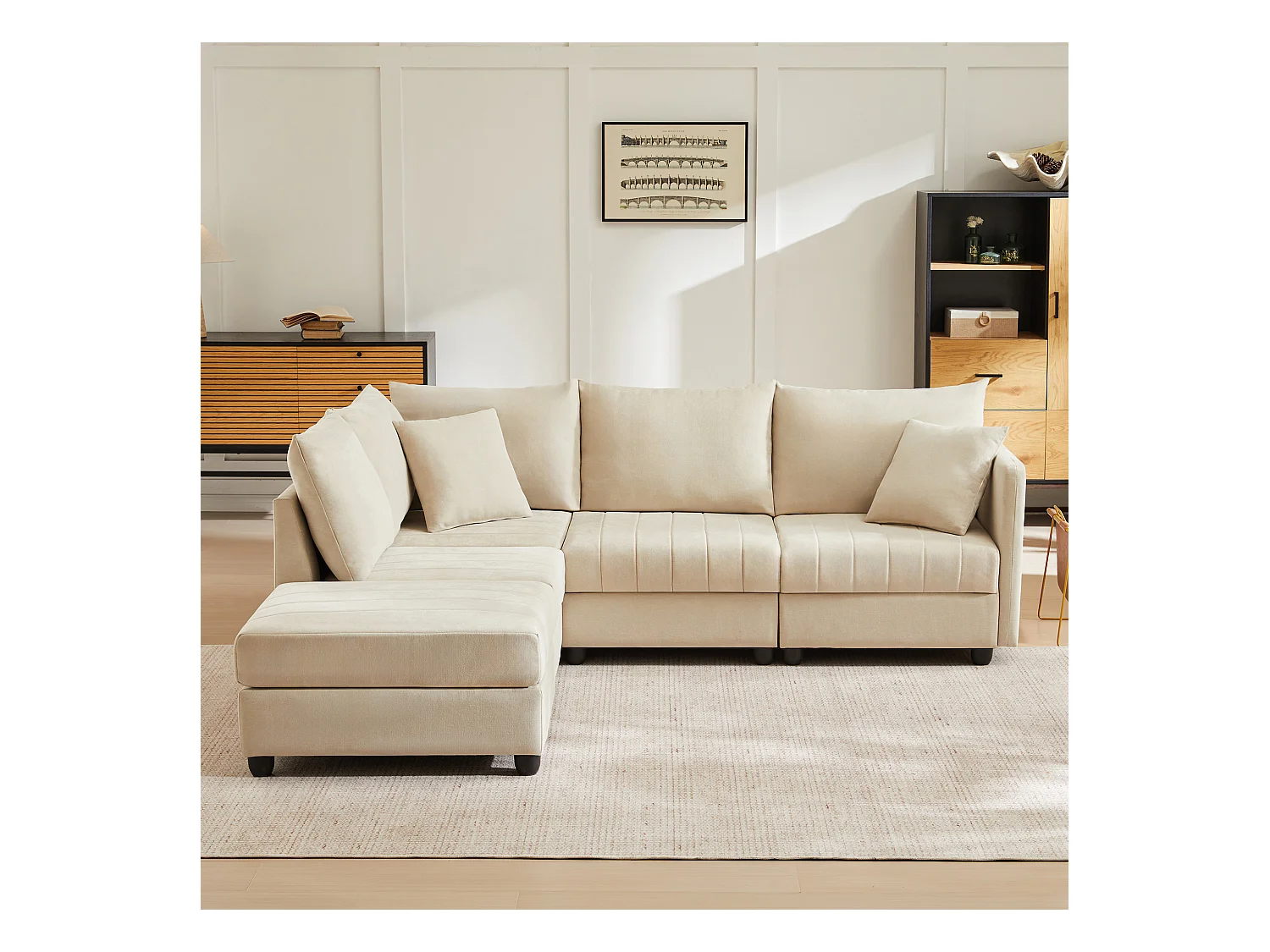 Sofá de esquina contemporáneo - 5 plazas - con reposapiés convertible - forma en L - beige