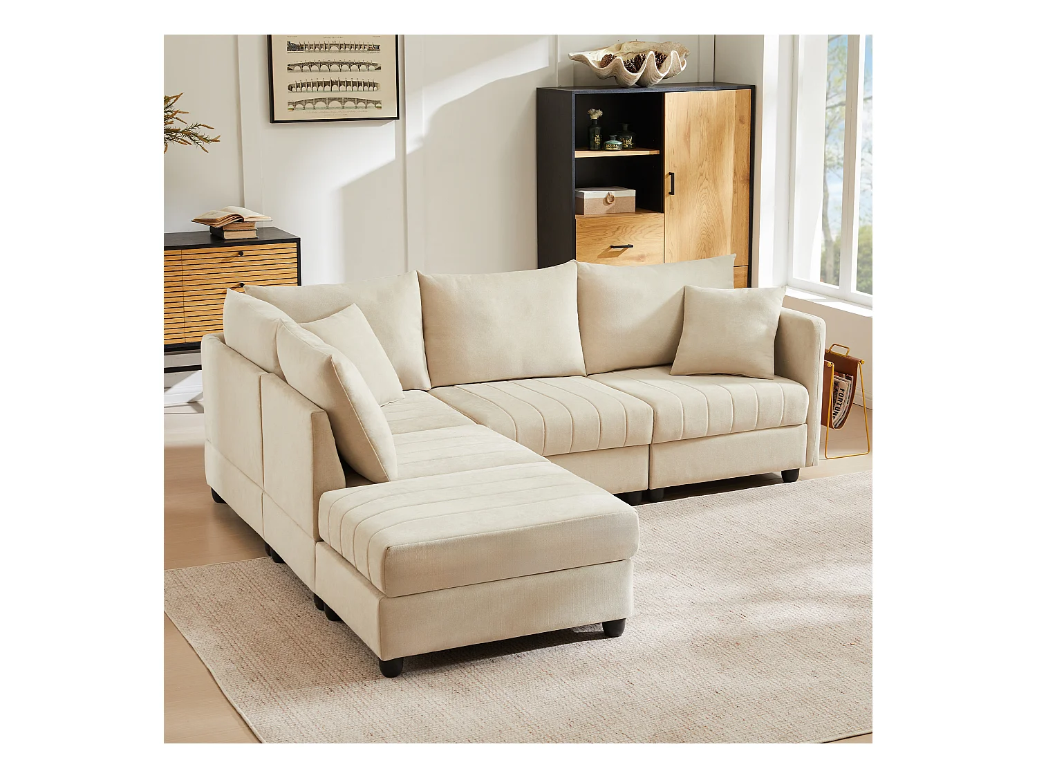 Sofá de esquina contemporáneo - 5 plazas - con reposapiés convertible - forma en L - beige