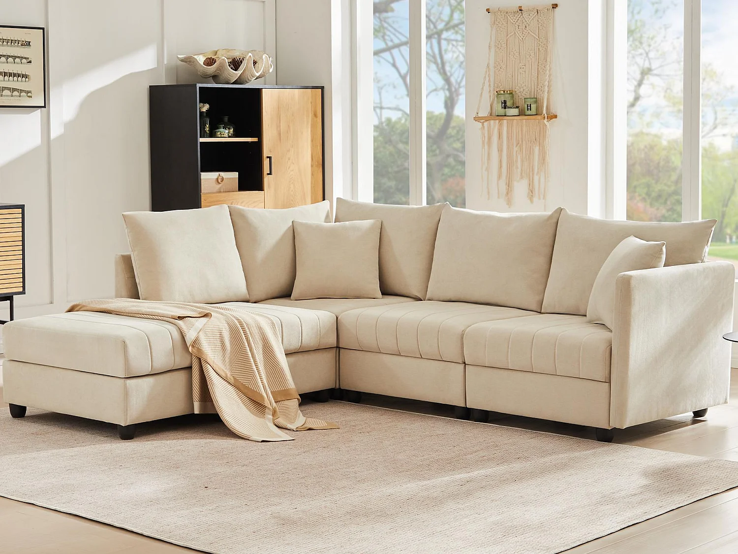 Divano angolare contemporaneo - 5 posti - con poggiapiedi convertibile - forma a L - beige