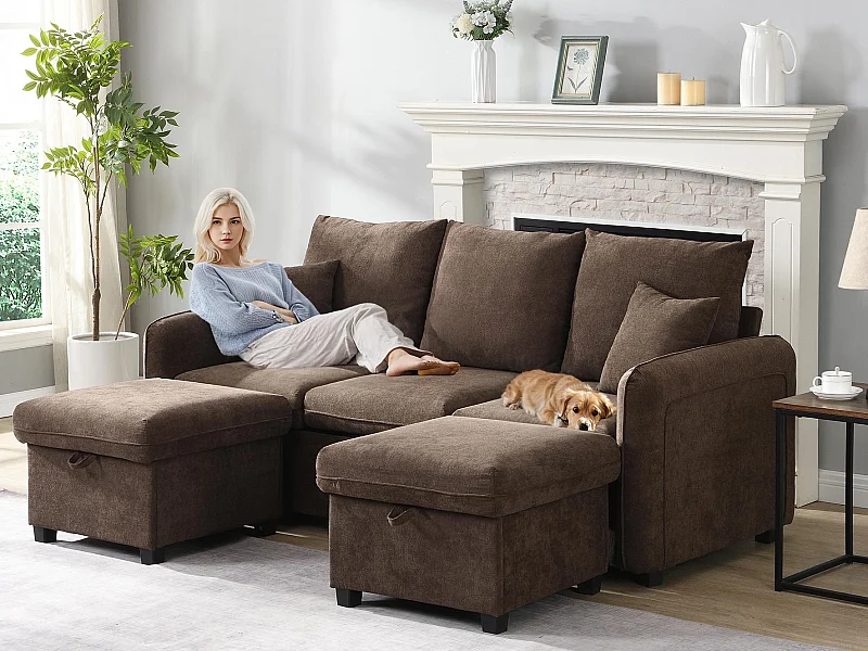 U-förmiges multifunktionales Ecksofa - 3 Sitzplätze - mit Staufunktion - mit Schubladen - braun