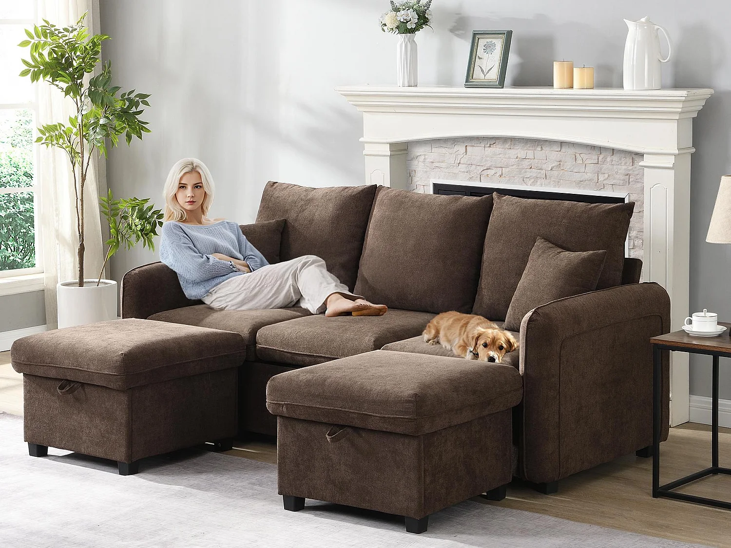 U-förmiges multifunktionales Ecksofa - 3 Sitzplätze - mit Staufunktion - mit Schubladen - braun