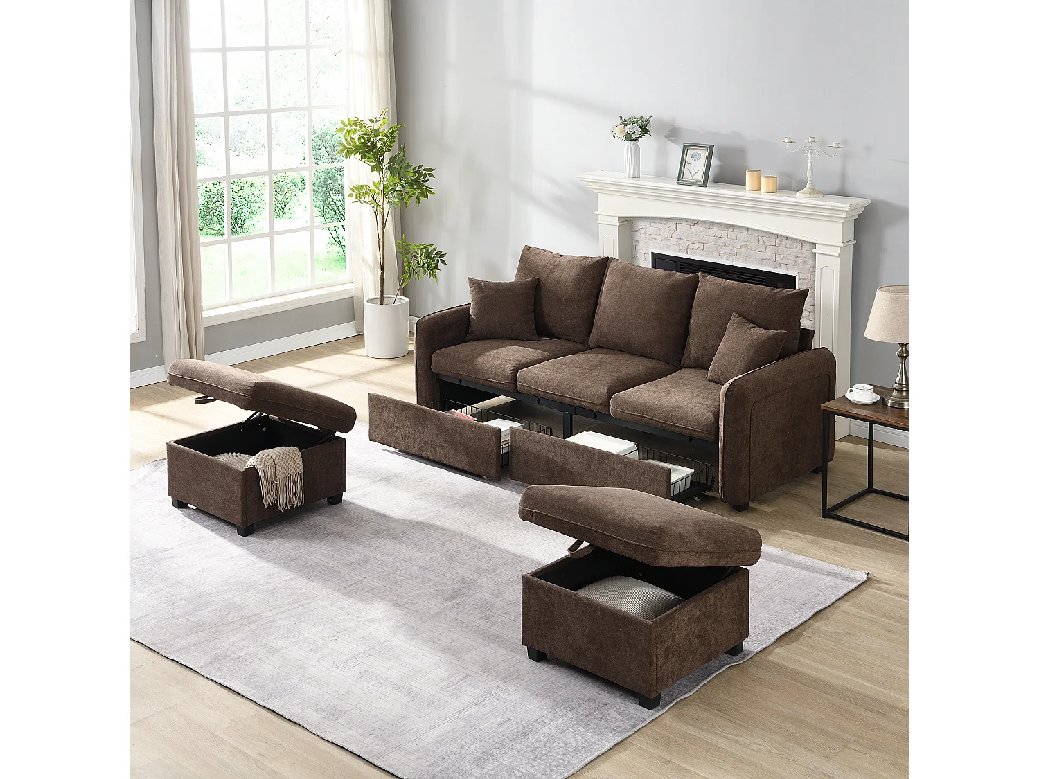 U-förmiges multifunktionales Ecksofa - 3 Sitzplätze - mit Staufunktion - mit Schubladen - braun