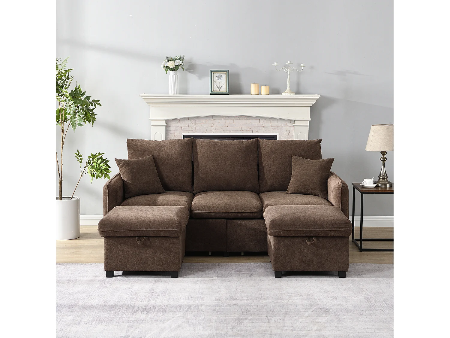 U-förmiges multifunktionales Ecksofa - 3 Sitzplätze - mit Staufunktion - mit Schubladen - braun