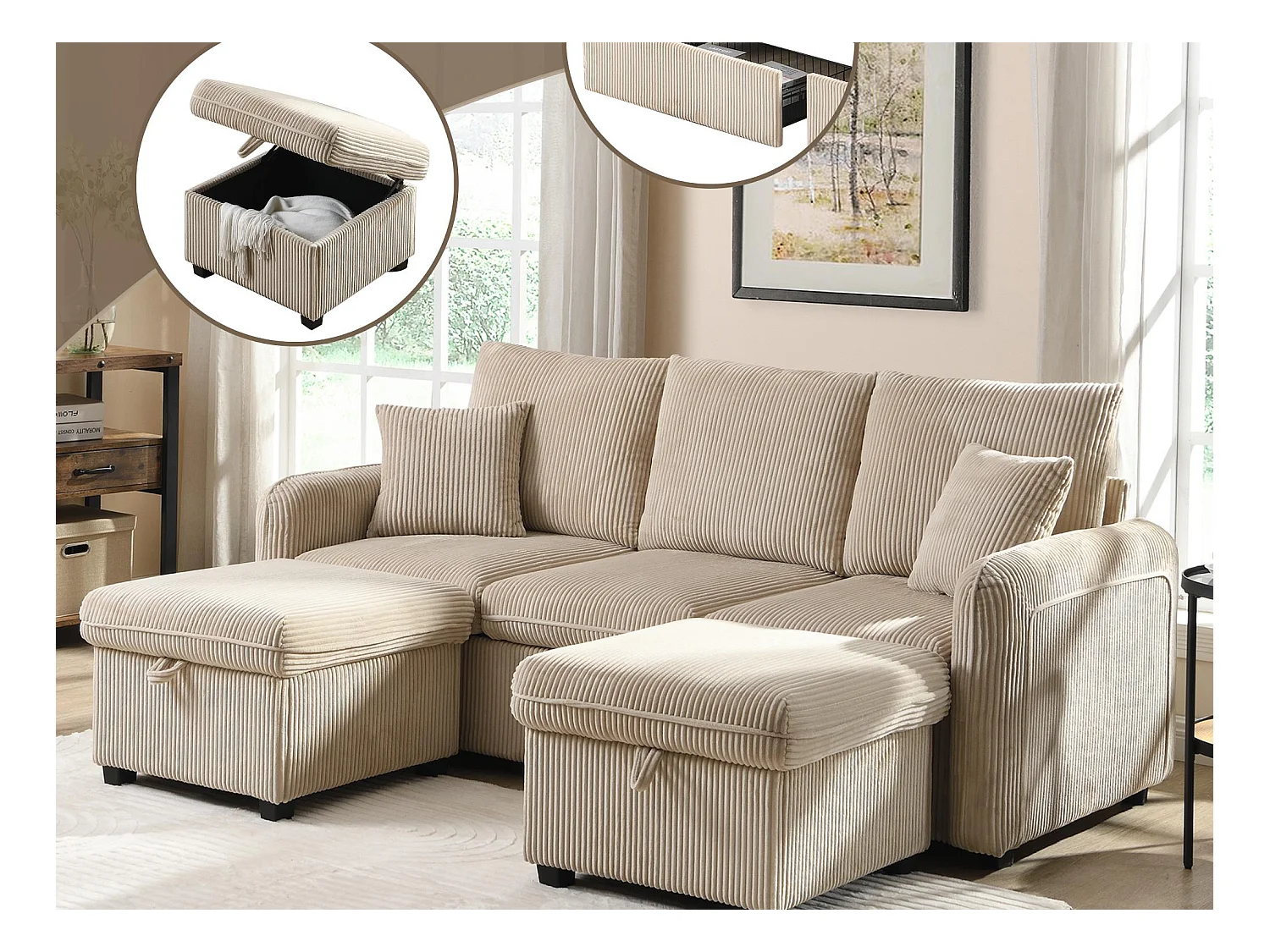 Canapé d'angle multifonction en U - 3 places - avec fonction rangement - avec tiroirs - beige