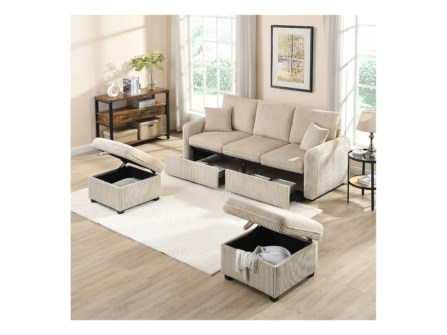 Canapé d'angle multifonction en U - 3 places - avec fonction rangement - avec tiroirs - beige