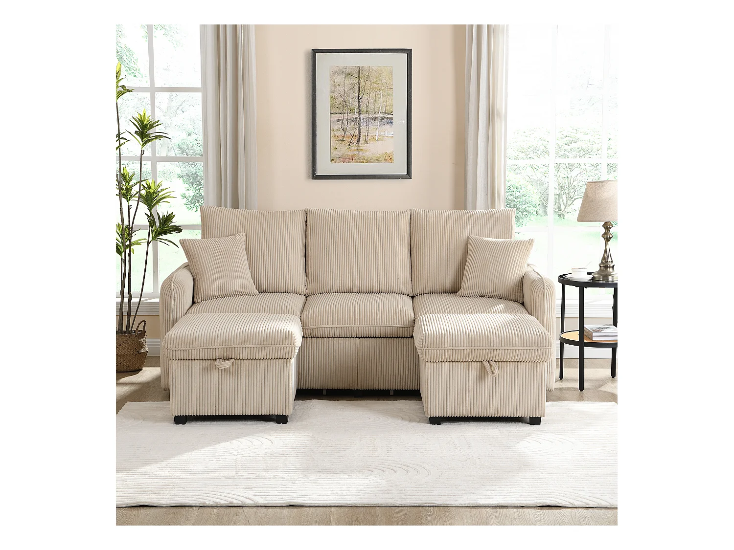 Canapé d'angle multifonction en U - 3 places - avec fonction rangement - avec tiroirs - beige