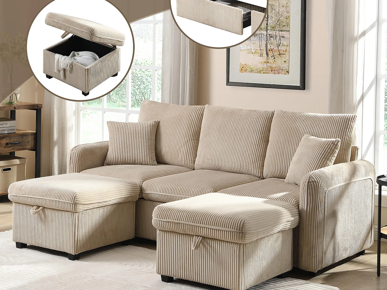 Canapé d'angle multifonction en U - 3 places - avec fonction rangement - avec tiroirs - beige