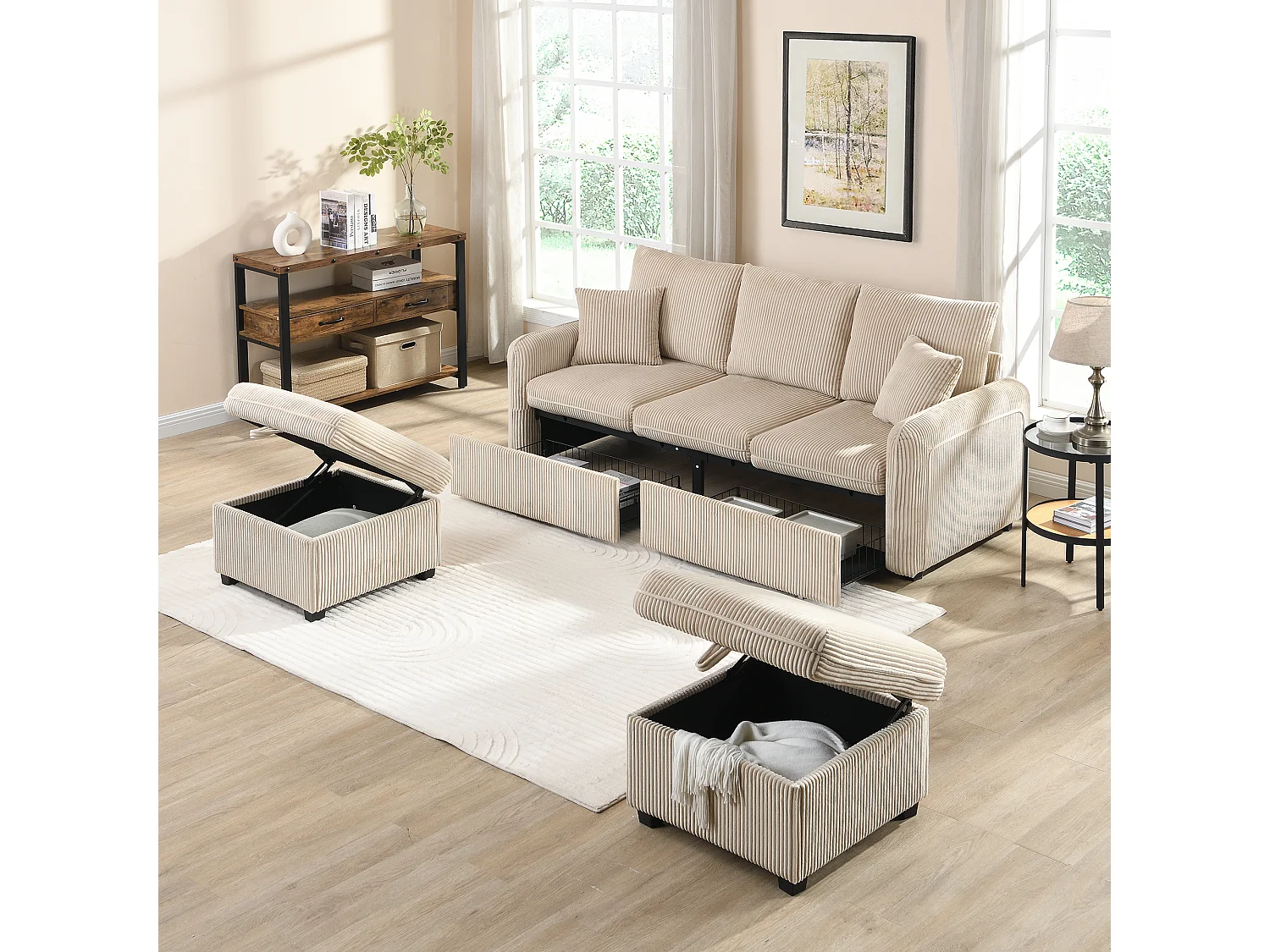 Canapé d'angle multifonction en U - 3 places - avec fonction rangement - avec tiroirs - beige