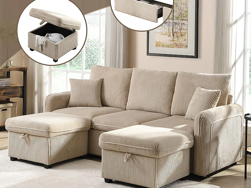 Canapé d'angle multifonction en U - 3 places - avec fonction rangement - avec tiroirs - beige