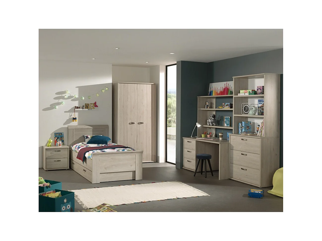 Cômoda com 3 gavetas e módulo de 3 prateleiras na cor carvalho claro, coleção DANY.