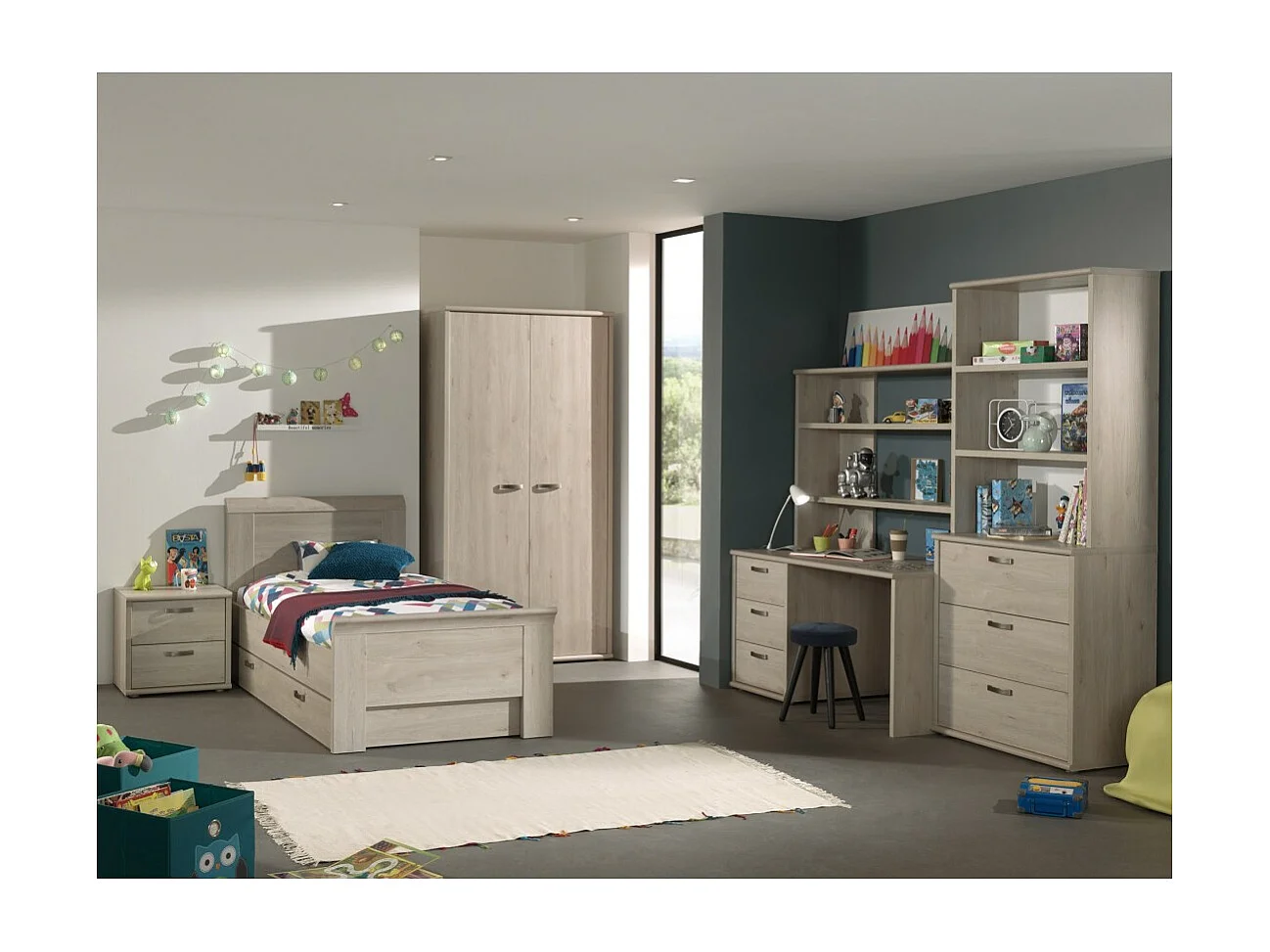 Dressoir met 3 laden en een module met 3 planken in lichte eikenkleur, collectie DANY.