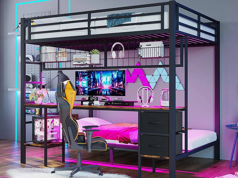 Etagenbett 140x200 cm - mit Schublade - mit Schreibtisch - mit LED-Beleuchtung + USB - schwarz (ohne Matratze)