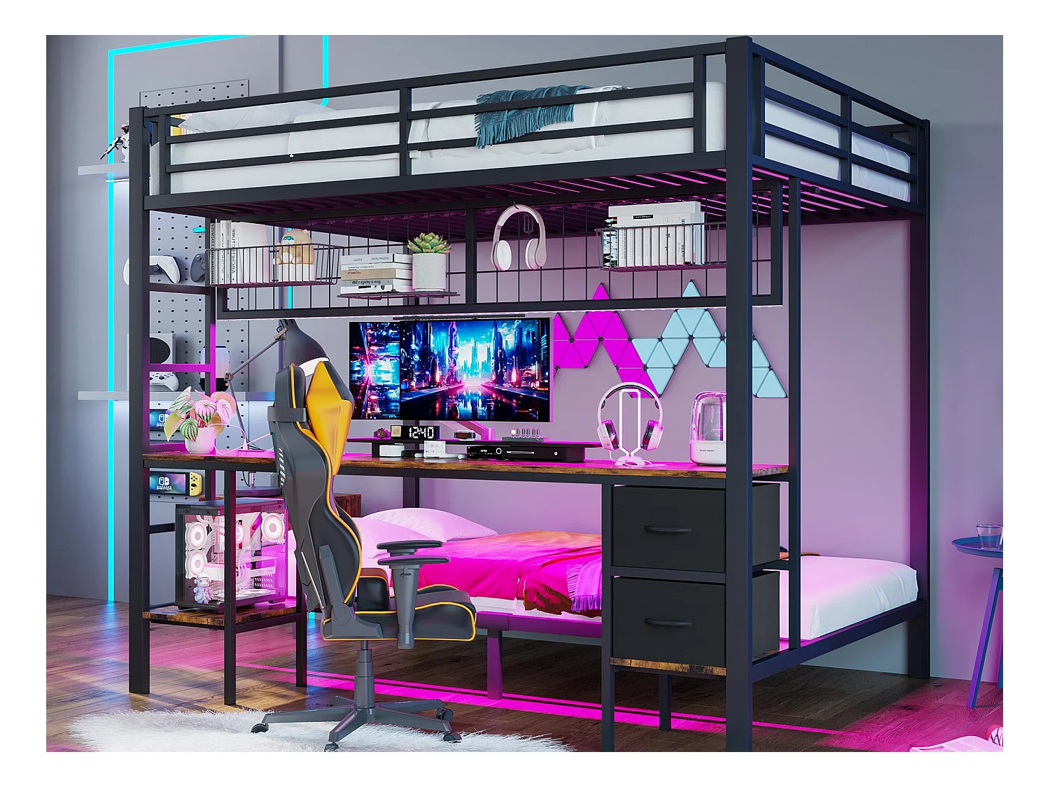 Lit superposé 140x200cm - avec tiroir - avec bureau - avec éclairage LED + USB - noir (sans matelas)