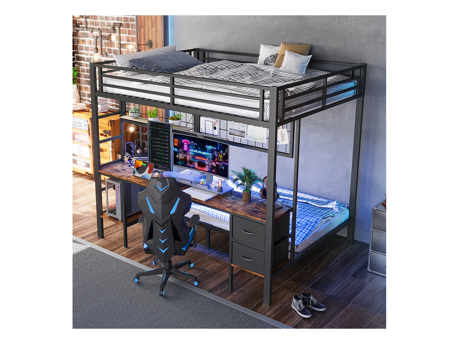 Lit superposé 140x200cm - avec tiroir - avec bureau - avec éclairage LED + USB - noir (sans matelas)