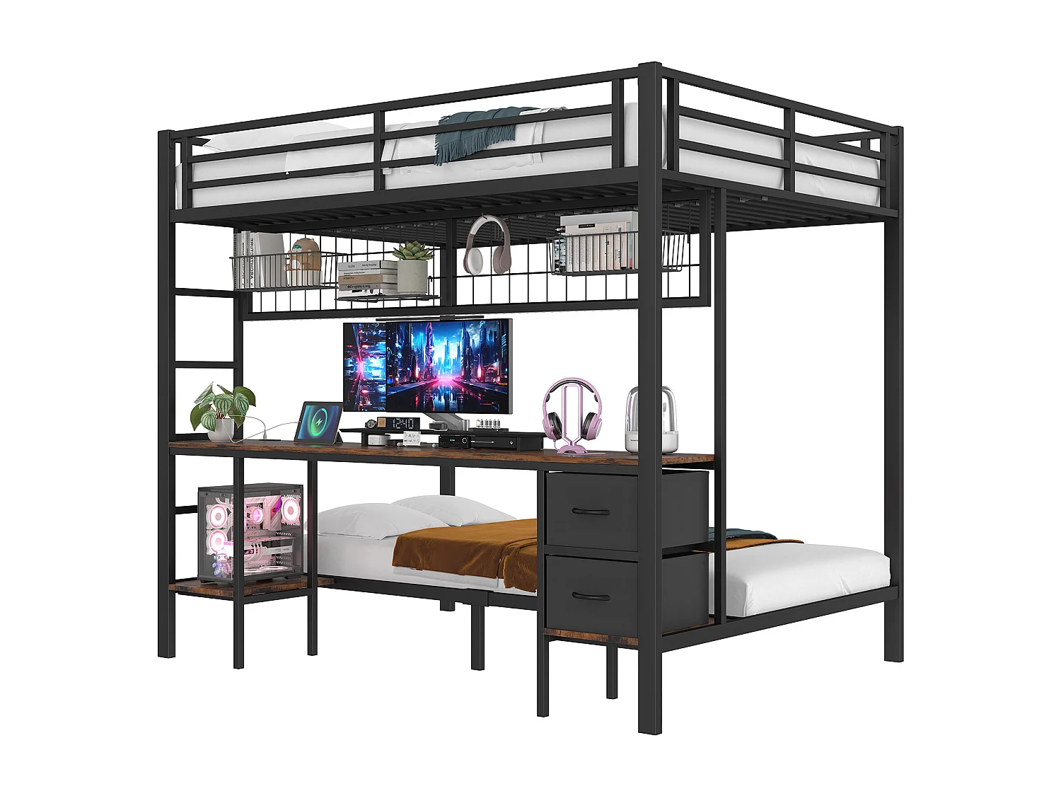 Letto a castello 140x200 cm - con cassetto - con scrivania - con illuminazione LED + USB - nero (senza materasso)