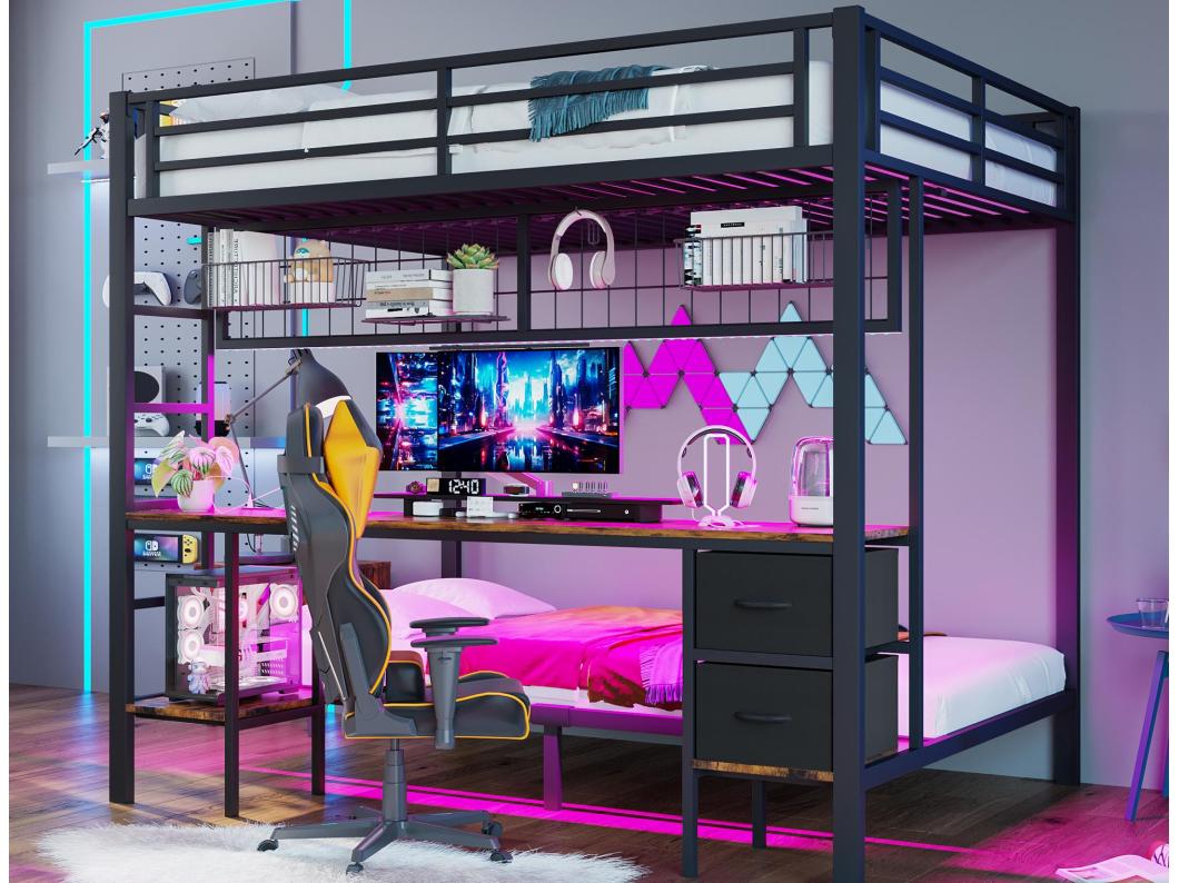 Stapelbed 140x200 cm - met lade - met bureau - met LED-verlichting + USB - zwart (zonder matras)
