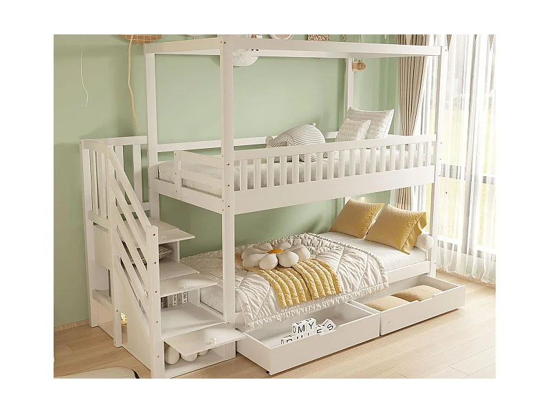Kinder-Etagenbett 90×200 cm - Sicherheitsbügel-Design - mit 2 Schubladen - Sicherheitsleiter - weiß