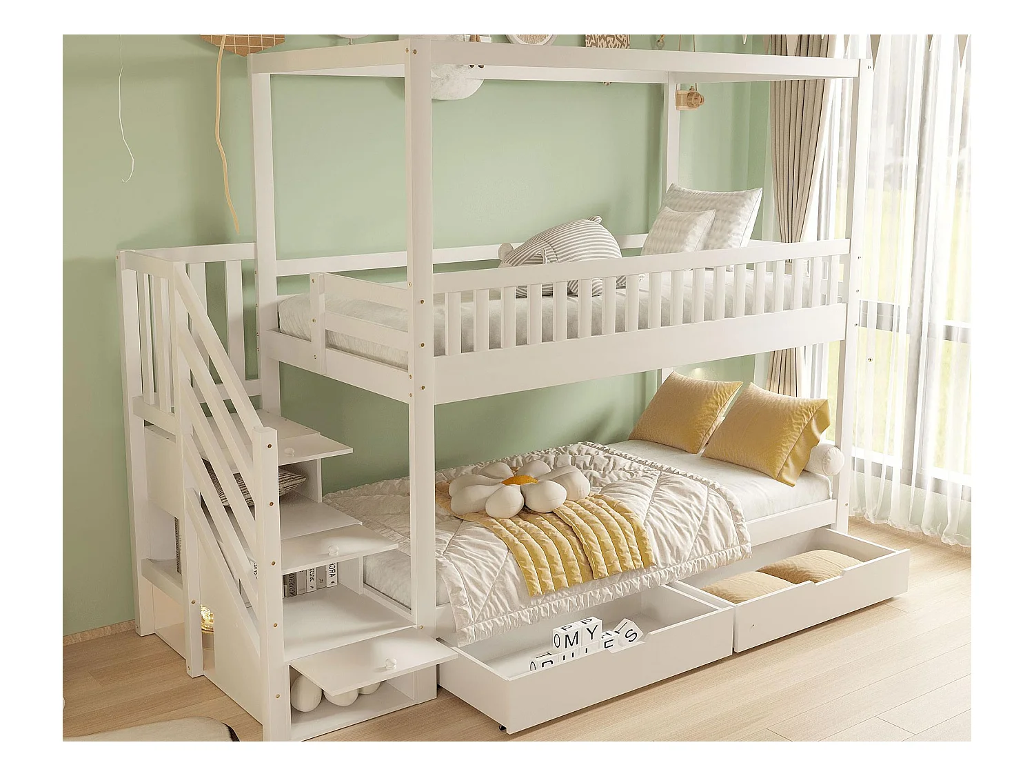 Lit superposé enfant 90x200 cm - design barrière de sécurité - avec 2 tiroirs - échelle de sécurité - blanc