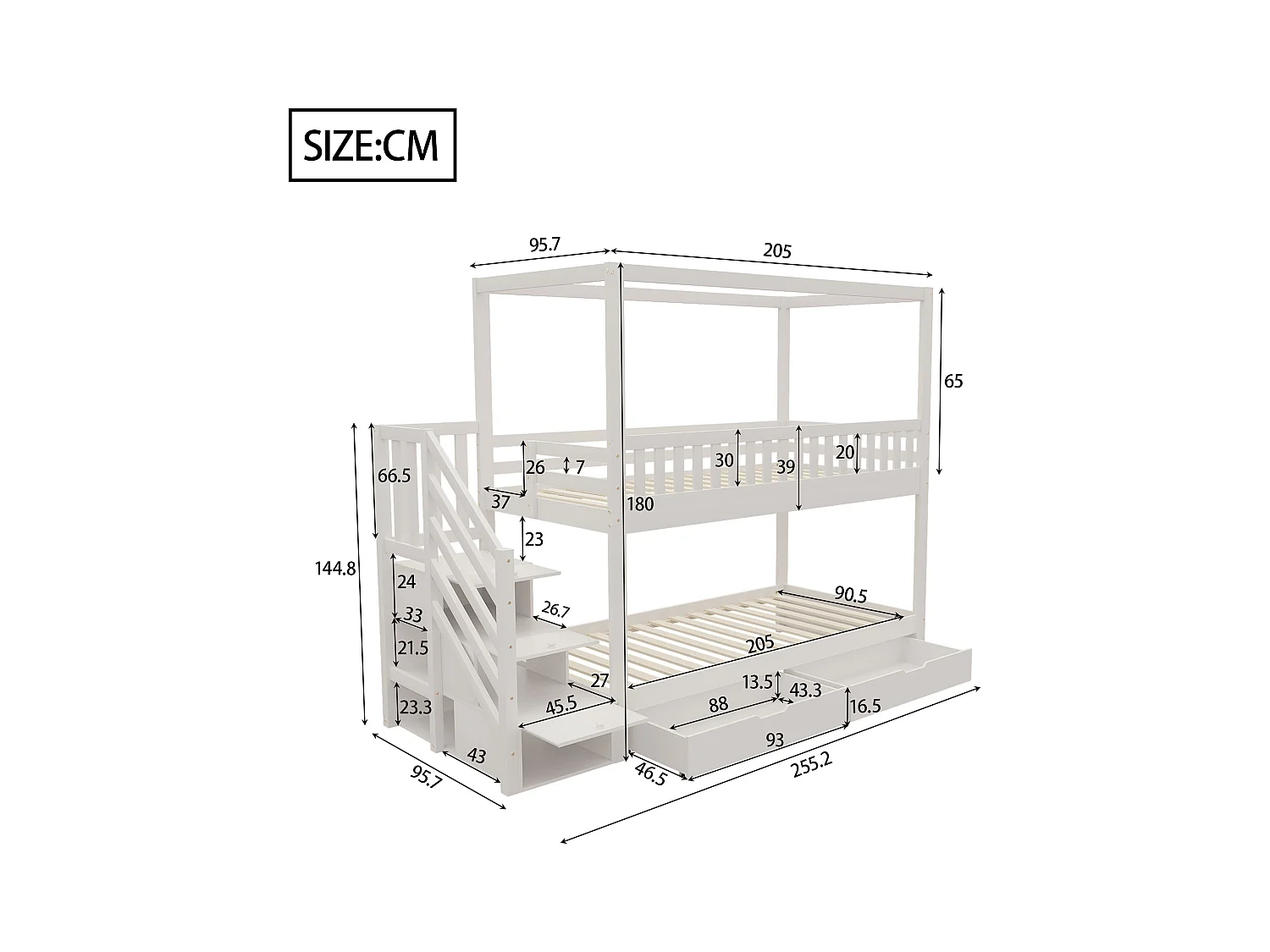 Lit superposé enfant 90x200 cm - design barrière de sécurité - avec 2 tiroirs - échelle de sécurité - blanc